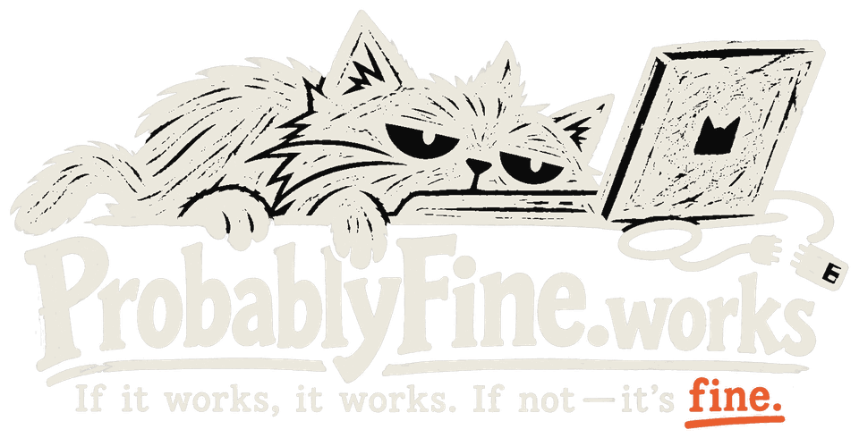 ProbablyFine.works — a grumpy cat beside a laptop.